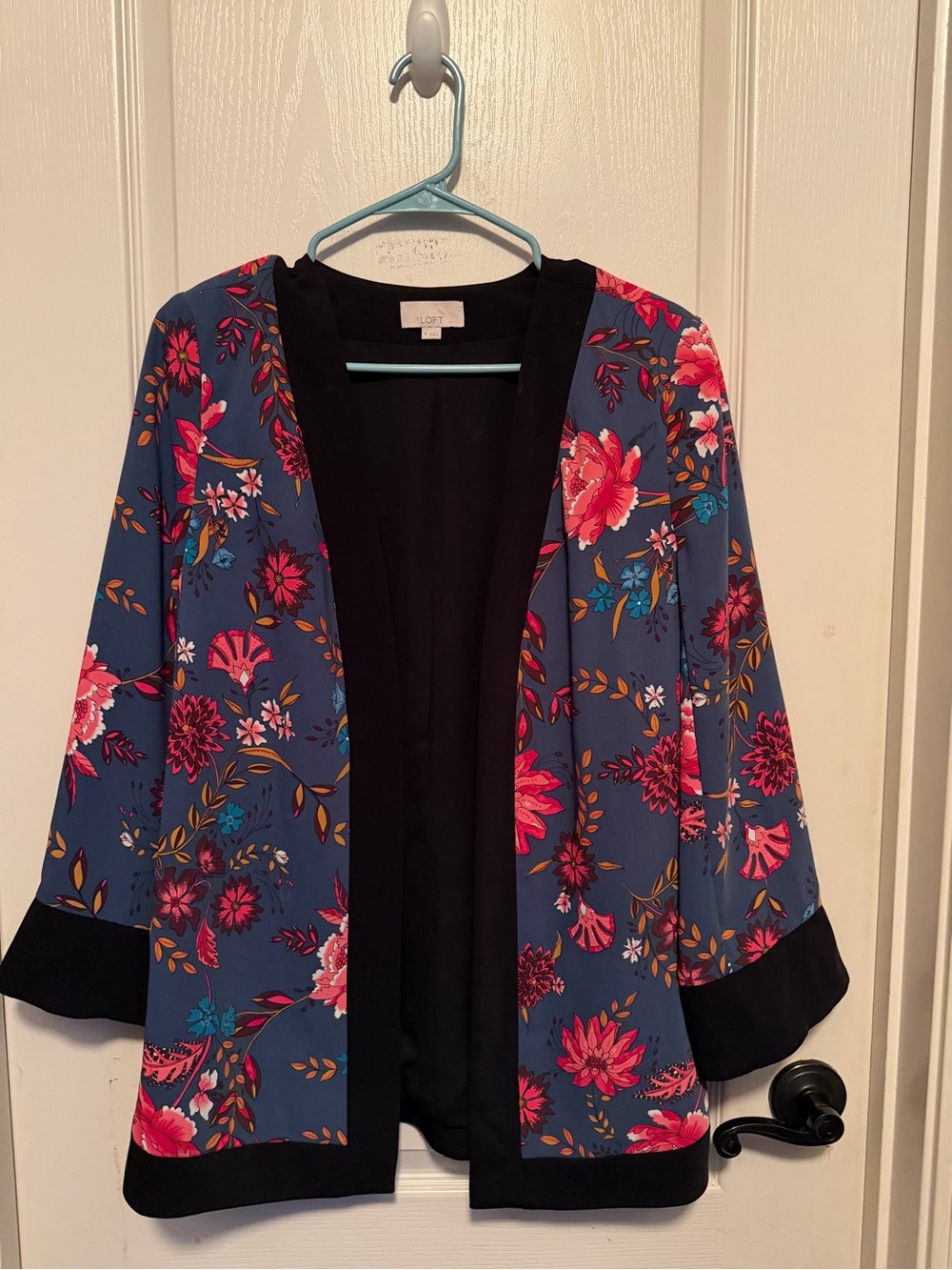 LOFT Navy Floral Open-Front Jacket with Black Trim